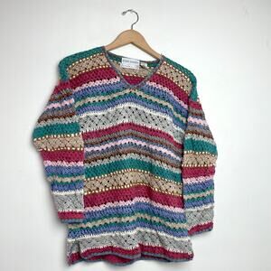 Vintage 90s Crochet‎ Patchwork Sweater Medium Boho Cottage Folk Hand Knit